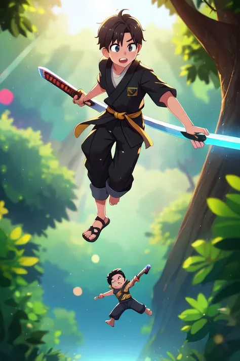 (best quality, high quality:1.3), hires, masterpiece, highly detailed, cg, reflections, ray tracing, lens flare, cinematic lighting, cinematic bloom, rule of three, golden ratio, vanishing point, bokeh, intricate details, 1boy, black ninja, jumps off the tree, floating, sword, slashing action, motion blur, afterimage, full body, from bottom