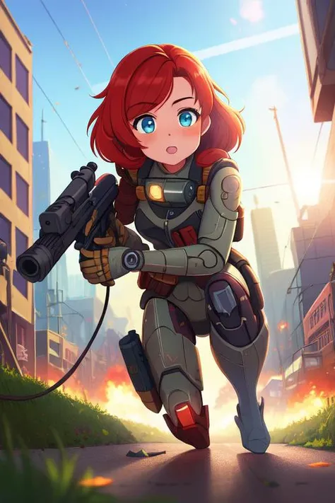 (best quality, high quality:1.3), hires, masterpiece, highly detailed, cg, reflections, ray tracing, lens flare, cinematic lighting, cinematic bloom, rule of three, vanishing point, intricate details, dystopian, battlefield city, destruction, 1girl, red hair, beautiful, detailed eyes, cyborg with big guns, running on street, looking back, close up, from bottom