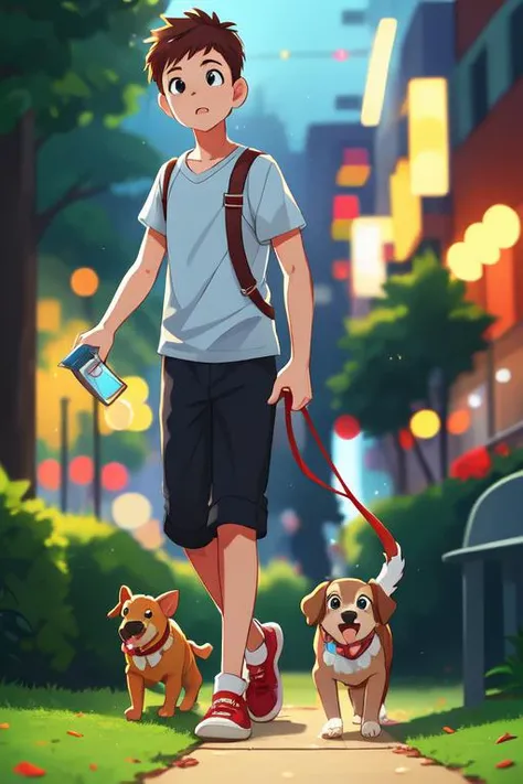 (best quality, high quality:1.3), cg, dramatic lighting, highly detailed, bokeh, 1boy, walking, walking the dogs, pet sitter, park, action adventure