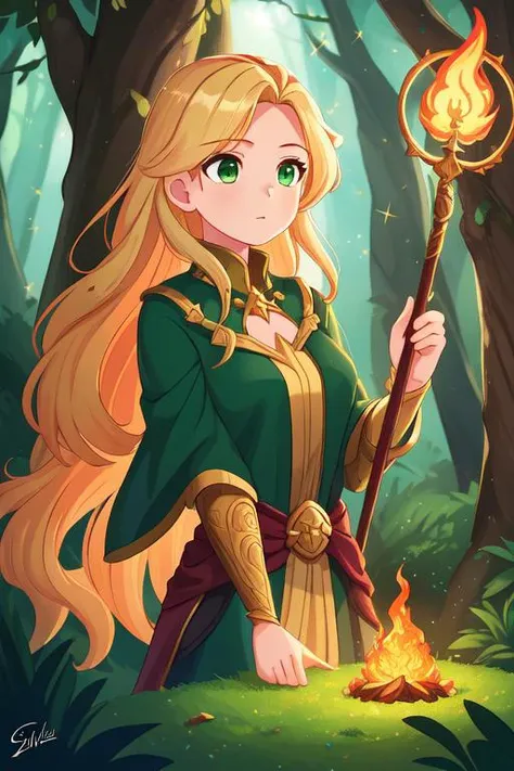 (best quality, high quality:1.3), cg, dramatic lighting, highly detailed, bokeh, 1girl, long blonde hair, green eyes, sorceress, casting fire spell, staff, intricate details, radiant, glimmering, shimmering, shining, dreamy forest, magical, fantasy, close up, from waist