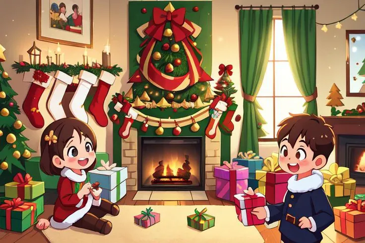 (best quality, high quality:1.3), cg, dramatic lighting, highly detailed, bokeh, 2girls, 1boys, height difference, Christmas, living room, tree, fireplace, decorations, opening gifts of toys, happy, excited