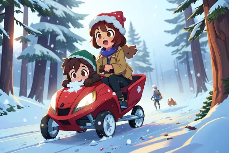 (best quality, high quality:1.3), cg, dramatic lighting, highly detailed, bokeh, 2girls, 1boy, height difference, jackets and bonnets, snow mountain, riding on sled, wolves, snowing, pine trees, foggy, action adventure