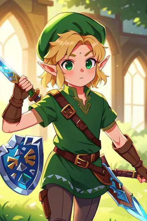 (best quality, high quality:1.3), cg, dramatic lighting, highly detailed, bokeh, 1boy, messy blonde hair, elf, pointy green hat, green tunic, tights, brown belt, brown boots, sword, shield, Zelda link costume, legend of Zelda theme, close up, from waist