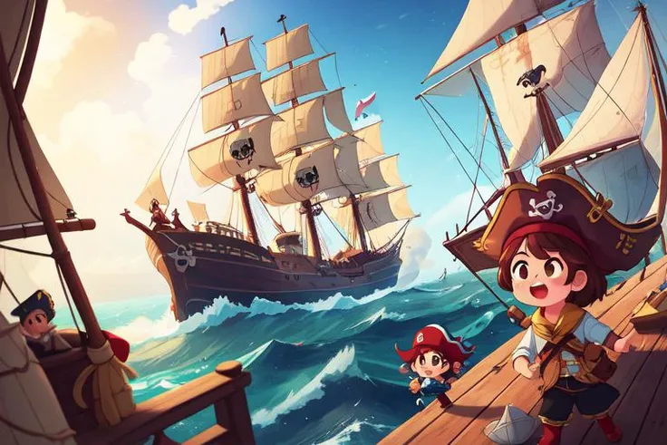 (best quality, high quality:1.3), cg, dramatic lighting, highly detailed, bokeh, 2girls, 1boy, pirate costumes, captain and crews, wooden ship, sails, ocean, windy, action adventure