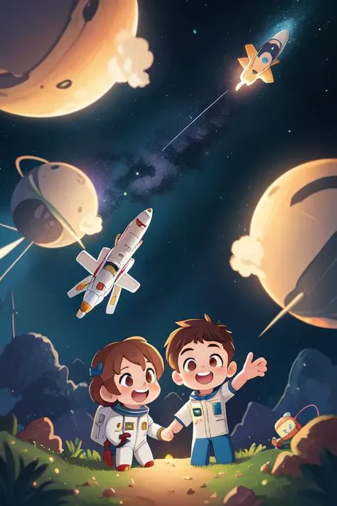 (best quality, high quality:1.3), cg, dramatic lighting, highly detailed, bokeh, 2boys, 1girl, astronauts, floating in space, happy, stars, galaxy, comet, sci-fi, science fiction