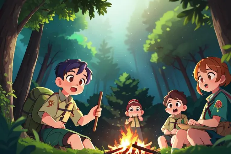 (best quality, high quality:1.3), cg, dramatic lighting, highly detailed, bokeh, 2girls, 1boy, camping, forest, bonfire, scout uniform, hight difference, adventure, close up, from below