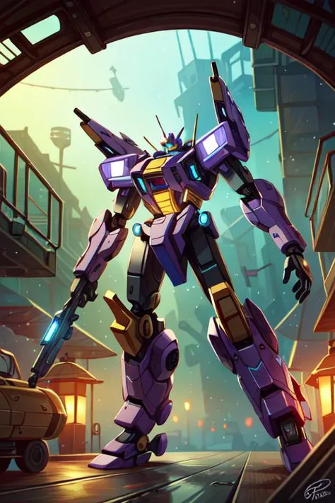 (best quality, high quality:1.3), ultra realistic 8k cg, photorealism, dramatic lighting, highly detailed, bokeh, 1boy, purple mechanical body, mecha, robot, standing, hangar bay, close up, from below, <lora:fix_vivid:0.4>, <lora:fix_add_detail:0.6>, <lora:fix_goodhands:0.8>