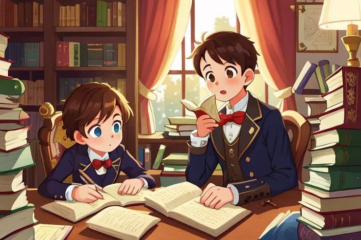 (best quality, high quality:1.3), cg, dramatic lighting, highly detailed, bokeh, 2boys, 1girl, school uniform, library, studying, reading, table, pile of books, book shelves, Victorian era, steampunk