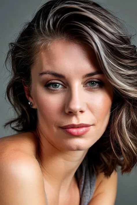 jnh, closeup portrait of young woman, topless, rim light, (grey background:1.0), slick hair,
 <lora:CR-JenniferHolland-frankyfrank2k:1>