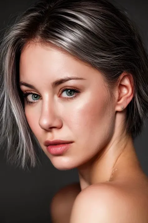jnh, closeup portrait of young woman, topless, rim light, (grey background:1.0), slick hair,
<lora:CR-JenniferHolland-frankyfrank2k:1>