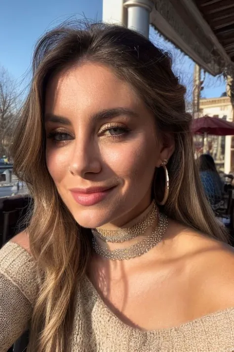 jnh piercing eyes, looking straight, very happy,long hair, wearing an off-shoulder sweater, choker, closeup portrait, in a outdoor cafe in 2015, afternoon light,
<lyco:JenniferH-RealVision-V1.0:1.0>