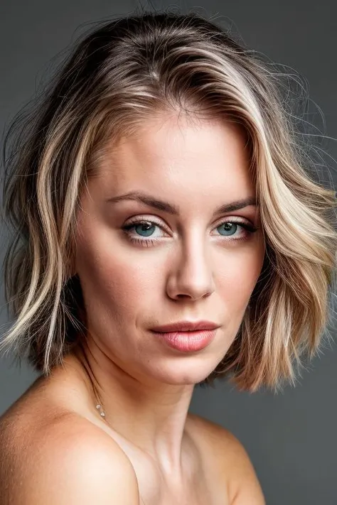 jnh, closeup portrait of young woman, topless, rim light, (grey background:1.0), slick hair,
<lora:CR-JenniferHolland-frankyfrank2k:1>
