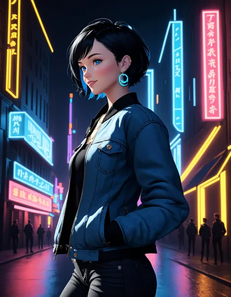 1girl, Tori Enyo, slsxl style, solo, smile, short hair, black hair, jewelry, earrings, necklace, blue eyes, lips, long sleeves, jacket, black and white jacket, denim pants, city, cinematic lighting, neon rim lighting, side lighting, rembrandt lighting, cinematic angle, masterpiece, best quality , <lora:SL_SDXLv1:0.5>