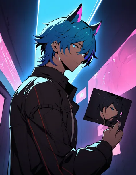 1boy, Kristoff O'hanlon, slsxl style, solo, solo focus, looking at viewer, short hair, bangs, blue eyes, black hair, animal ears, jewelry, blue hair, jacket, open clothes, open jacket, black jacket, holding a photo , cinematic lighting, neon rim lighting, side lighting, rembrandt lighting, cinematic angle, masterpiece, best quality , <lora:SL_SDXLv1:0.8>