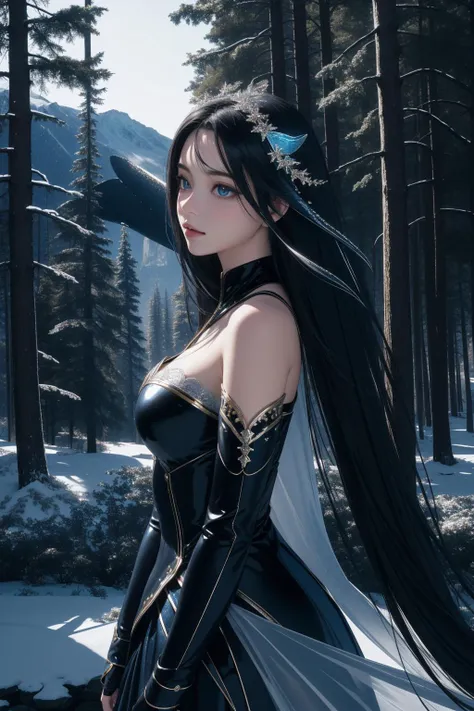 1girl, [ (dark art by Briana Mora:1.2) and (Frank Montague Moore:1.1) ::8], detailed Unreal Engine, fairy tale, shoulder-level shot of a Shimmering Simple ([Whale|Banshee]:1.3) , behance, complex Black background, Blue trees and mountains, Snowy, Very wide view, Evil, Cutecore, Black lighting, F/14, Kodak Ektar, intricate, glimmering transformation, "I'm a real woman, and I'm fine with that.", most beautiful artwork in the world, absurdres