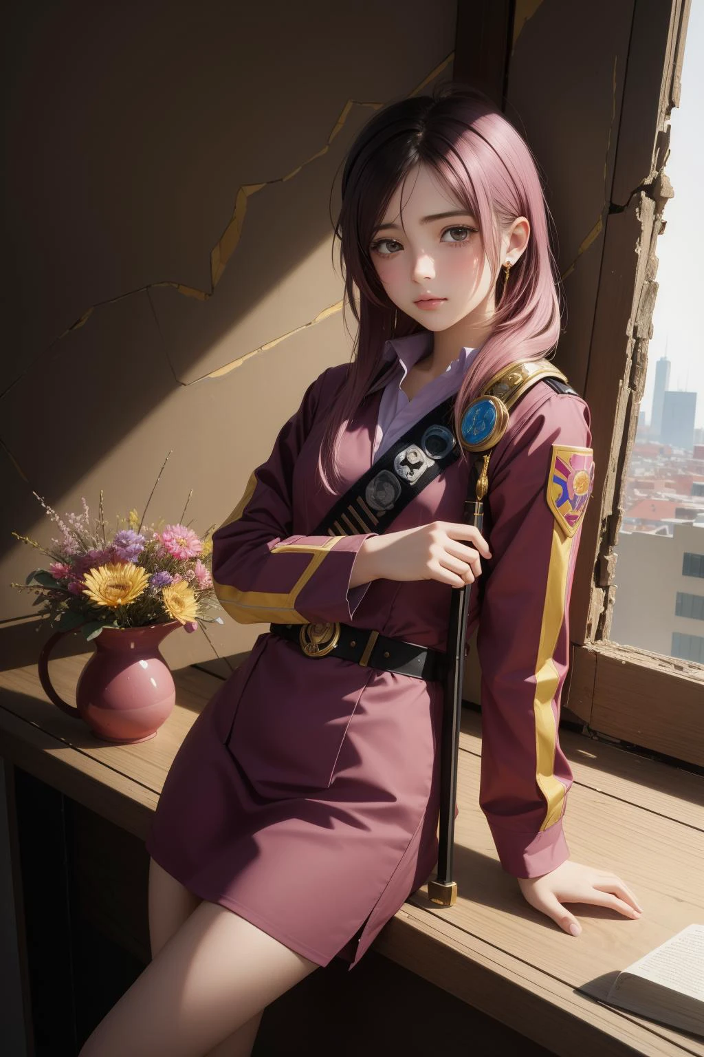 1girl, (colorful art by Nicolaes van Verendael:0.7) and (Afarin Sajedi:1.3) and (Marcin Sobas:1.2) , still life art, masterpiece Grisaille of a concept art, [Abrasive|Touching] Desolate tiny Macedonian (Female Master Sergeant:1.3) , the Master Sergeant has Inspired hair, centered DayGlo pink and Mauve background, desolate cityscape with Flower, Hurricane, Sharp and in focus, Visual novel, Sad, Duckcore, hard light, 80mm, Provia, Kintsugi, behance HD, perfect skin, most appealing in the world, masterpiece, award winning