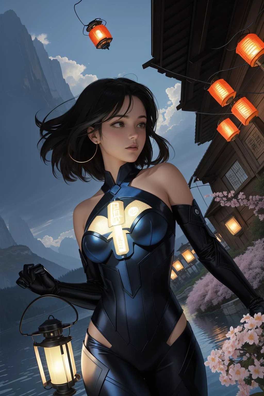 1girl, (comics art by Ron Garney:0.9) and (Kuzma Petrov-Vodkin:1.2) , masterwork Octane render, best quality, insane details, high angle shot of a ("The Idiot's Lantern":1.3) , it is very Slimy and Ruined, Timeless The Dolomites in background, desolate water and blossoms, at Blue hour, tilt shift, ultrafine detailed, Tranquil, Process Art, Black lighting, L USM, two colors, otherworldly, dark indigo mist, most beautiful artwork in the world, 8K, female, comic book cover