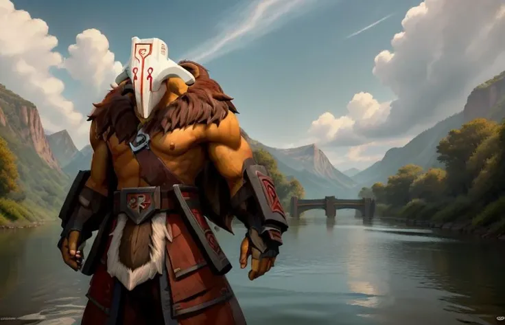 jugg, standing alone in all his glory, showcases his awe-inspiring upper body strength against a pristine white backdrop. This official artwork, a shining example of top-quality craftsmanship, is a visual masterpiece. With majestic poise, Jugg strikes a pose on a breathtaking bridge that spans a tranquil river. On the bridge, a mesmerizing moment unfolds as a fish leaps out of the water, capturing the viewer's attention. The unrivaled level of detail presented in this 8K masterpiece immerses one in a world of superlative realism.<lora:jugg:0.8>