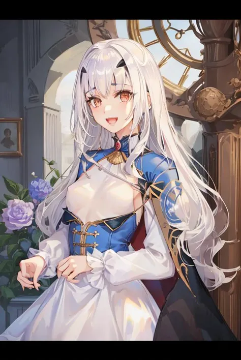 best quality,sex, fairy knight lancelot (fate), 1girl, white hair, long hair, forked eyebrows, open mouth, bangs, dress, solo, long sleeves, small breasts, flower, breasts, blue dress, sidelocks, smile, cape, brown eyes, <lora:FairyKnightLancelotFateMelusine_v10:0.65>