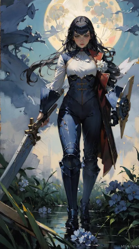 a girl,vine_whip,<lora:classic_oil_painting:0.2>,the surface of the water,FAIRY KNIGHT LANCELOT (FATE),(the distant forest:0.8),mystyhw,secluded,outdoors,<lora:melusine:0.9>,skeletons of giant creatures,swamp,moonlight,facing left,night,light blue flowers,standing_on_liquid,, (style of Jon Foster:0.2),(style of Alex Russell Flint:0.2),(style of Bob Eggleton:0.2),(style of Pino Daeni:0.2),BREAK (oil painting:1.2),(oil painting style),illustration,Fantasy Art,mystique,visual impact,incredible details