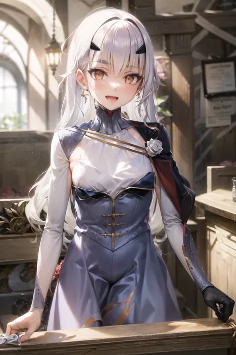 masterpiece, best quality, absurdres,best quality,sex, fairy knight lancelot (fate), 1girl, white hair, long hair, forked eyebrows, open mouth, bangs, dress, solo, long sleeves, small breasts, flower, breasts, blue dress, sidelocks, smile, cape, brown eyes, <lora:FairyKnightLancelotFateMelusine_v10:0.85>