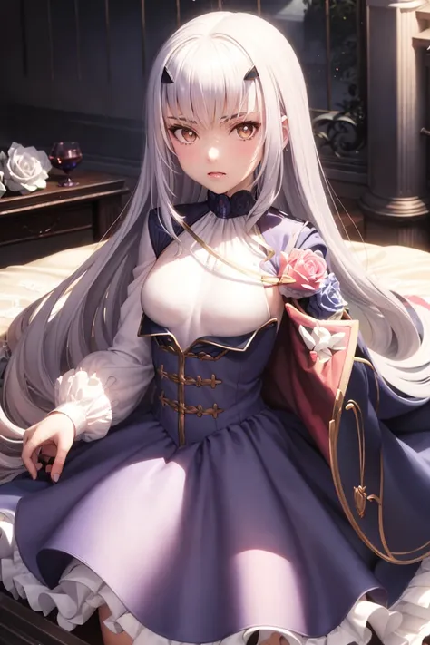 masterpiece, best quality,1girl, fairy knight lancelot (fate), long hair, forked eyebrows, solo, white hair, small breasts, looking at viewer, dress, cape, breasts, blue dress, bangs, long sleeves, brown eyes, white rose, sidelocks