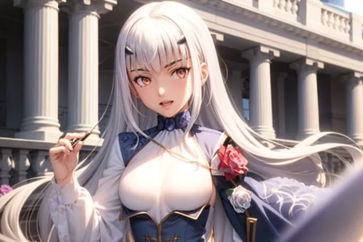 masterpiece, best quality,fairy knight lancelot (fate), 1girl, white hair, long hair, forked eyebrows, looking at viewer, open mouth, bangs, dress, solo, long sleeves, small breasts, flower, breasts, blue dress, sidelocks, smile, cape, brown eyes,(kbxll:1)