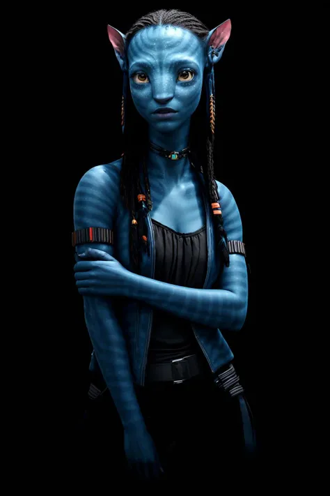 best quality, extra resolution, close up portrait of (AIDA_LoRa_Neytiri:1.3) <lora:AIDA_LoRA_Neytiri:0.66> as cute little girl, pretty face, naughty, funny, happy, playful, intimate, flirting with camera, wearing leather jacket, cinematic, studio photo, kkw-ph1, (colorful:1.1), (dark theme:1.1) <lora:LowRA:0.2>, <lora:tangbohu-detailer_1.0:1>, (black background:1.3)