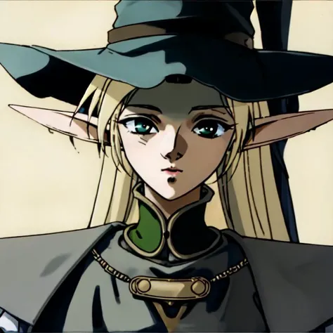 (masterpiece:1.2), (4k wallpaper), 1girl, solo, looking at viewer, elf, deedlit, portrait, witch robe, witch hat <lora:Deedlitv3:0.8>