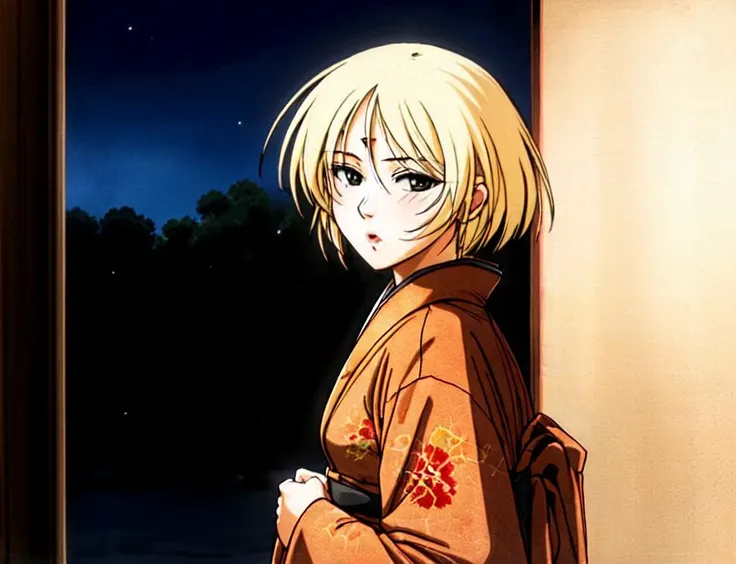 masterpiece, best quality, 1woman, Blond Hair, looking at viewer, :3, cute, short hair, Japanese kimono, outdoors, Starry Night  <lora:Deedlitv10:0.7>