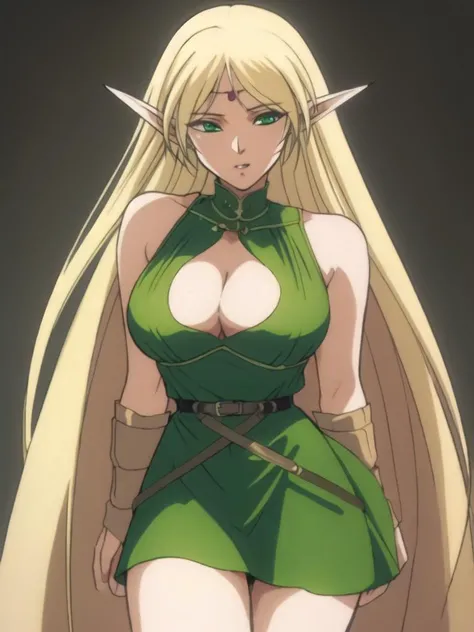 (masterpiece, best quality, highres, amazing, high quality, illustration, 4k wallpaper), Deedlit, blonde hair, long hair, green eyes, pointy ears, medium breasts, (circlet), 1girl, solo, cleavage cutout, belt, bracers