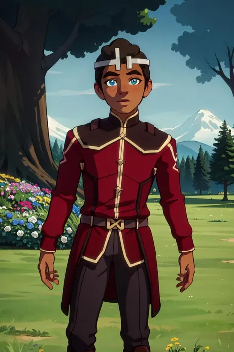 Ezran, blue eyes, dark skin, crown, (man, boy, male:1.5), outside, grass, warm lighting, trees, flowers, (realistic:1.2), (masterpiece:1.2), (full-body-shot:1.2),(cowboy-shot:1.2), dark romantic lighting, (highly detailed:1.2), (detailed face:1.2), (gradients), colorful, detailed eyes, (natural lighting:1.2), solo, <lora:add_detail:0.3> <lora:DragonPrince_EzranS4-10:0.8> <lora:BeautifulEyes:0.3>