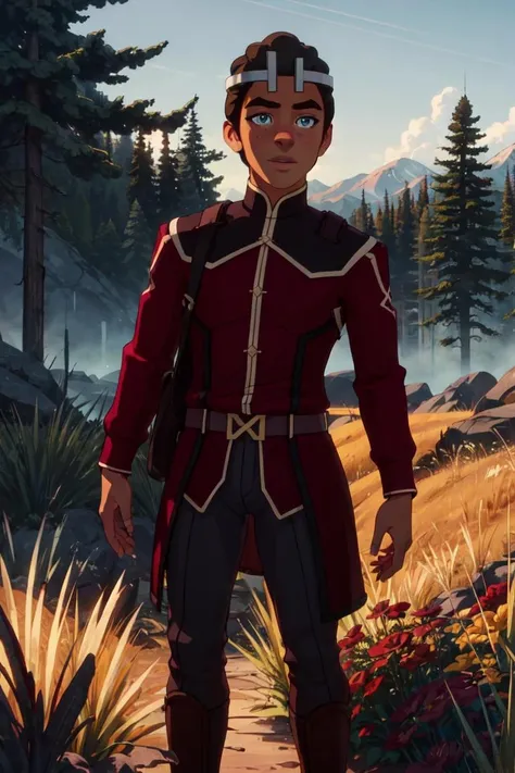 Ezran, blue eyes, dark skin, crown, (man, boy, male:1.5), outside, grass, warm lighting, trees, flowers, (realistic:1.2), (masterpiece:1.2), (full-body-shot:1.2),(cowboy-shot:1.2), dark romantic lighting, (highly detailed:1.2), (detailed face:1.2), (gradients), colorful, detailed eyes, (natural lighting:1.2), solo, <lora:add_detail:0.3> <lora:DragonPrince_EzranS4-10:0.8> <lora:BeautifulEyes:0.3>