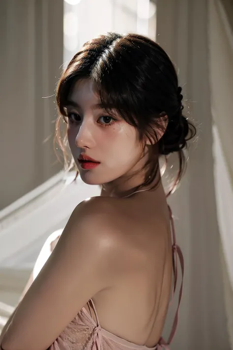 Best Quality, Masterpiece, Ultra High Resolution, (Realisticity: 1.4), Original Photo, 1girl, Pink Off-the-Shoulder, Cinematic Lighting, necklake