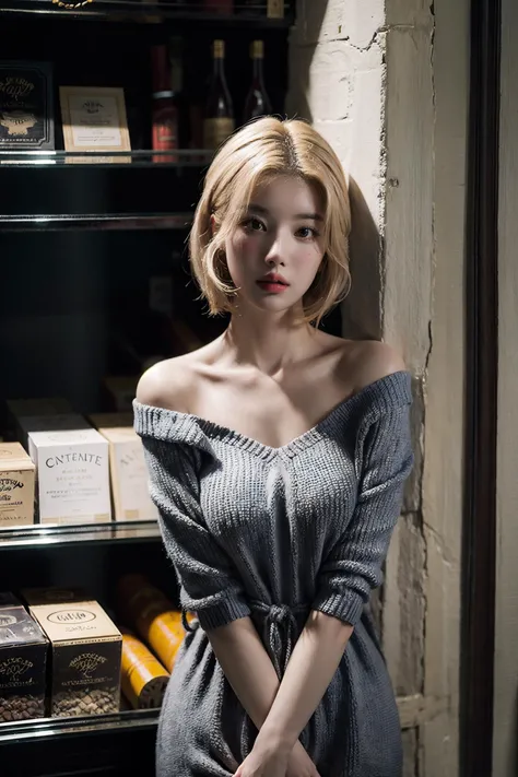 Best quality, masterpiece, ultra high res, (photorealistic:1.4), raw photo, 1girl, platinum blonde hair, shops, cowboy shot, looking at viewer