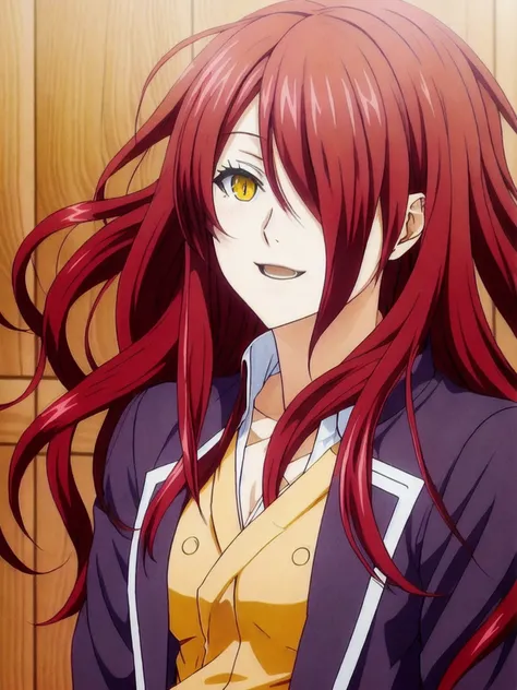 <lora:RindouKobayashi:0.7>, shokugeki no souma, Rindou Kobayashi ,high resolution, red hair,long hair, solo, 1woman, detailed background, detailed eyes, ((yellow eyes)), school uniform