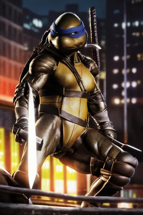 (RAW photo, real life, absurdres, high quality, photorealistic, detailed, realistic:1.3), (female solo:1.2),NSFW,a high resolution photo of a (TMNTLeonardo), a teenage mutant ninja turtle with a black bandana mask with eye-holes holding swords,katanas,toned body,veiny muscles,(full body view:1.1),evil,barefoot,(fight stance pose),feminine face,detailed face,looking at viewer,confident,concentrated,(breasts,boobs behind plastron:1.1),pussy,visible vagina below plastron,on a city rooftop at night, city buildings and dark night sky in background,cinematic, atmospheric, 8k, realistic lighting, shot by Hassleblad H6D, Zeiss, Kodachrome, nikon, 50mm 1.2 lens, Octane Render, ultra realistic, realistic lighting, photorealistic, photorealism, photoreal, unreal engine 5, Adobe After FX, highly detailed, intricate detail,detailed face,detailed eyes,detailed scales,(((black bandana,black bandages,metal pauldrons,metal leg armor plates,retractable claw blades))),<lora:90sTMNTLeonardo_v10Alpha:0.9>