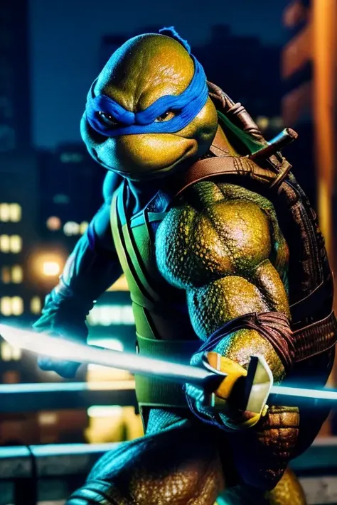 <lora:TMNTLeonardo-10:0.8>(RAW photo, real life, absurdres, high quality, photorealistic, detailed, realistic:1.3), (solo:1.3), illustration, a high resolution photo of a TMNTLeonardo, a teenage mutant ninja turtle with a blue bandana mask with eye-holes holding a sword, fight stance pose, on a city rooftop at night, city buildings and dark night sky in background, cinematic, atmospheric, 8k, realistic lighting, shot by Hassleblad H6D, Zeiss, Kodachrome, nikon, 50mm 1.2 lens, Octane Render, ultra realistic, realistic lighting, photorealistic, photorealism, photoreal, unreal engine 5, Adobe After FX, highly detailed, intricate detail
