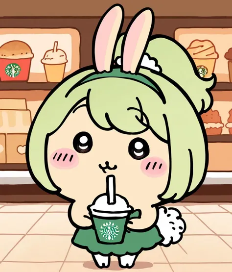 Score_9,score_8_up,score_7_up,source_anime,1girl,solo,bunny,chibi,no humans,furry,:3,beige,blush stickers,cuteg,cartoonized,looking at viewer,nakai \(waitress\),light green hair,hairband,high ponytail,green_sarong,cafe,starbucks,<lora:Role_Usagi_Chiikawa>,