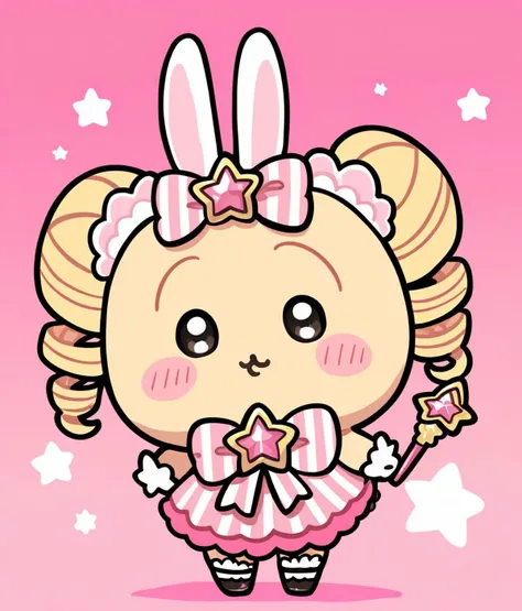 Score_9,score_8_up,score_7_up,source_anime,1girl,solo,bunny,chibi,no humans,furry,:3,beige,blush stickers,ribbon-trimmed_bow,cuteg,cartoonized,looking at viewer,magical_girl,twintails,drill hair,holding_wand,gradient skirt,star wand,battle,henshin pose,alternate form,glowing,pink background,<lora:Role_Usagi_Chiikawa>,