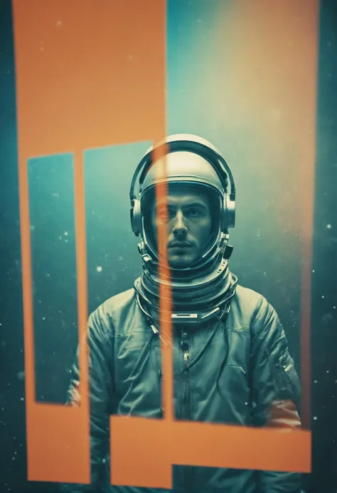 photograph analog film photo, cinematic film still, [ centered composition, a geometric paint smudge on a simple colorful background : (duotone, collage, mixed media) of  looking at viewer, ( theme:1.1), astronaut, wearing sleek colorful space suit, headset,  advanced technology, intense focus, weightlessness,  the final frontier, floating particles, holographic interface, hypergate in background,  epic scifi atmosphere, : 4], grunge textures, complimentary colors