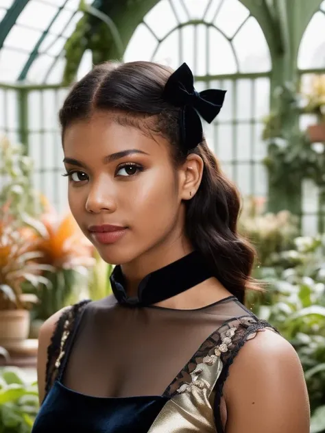((Portrait Photography)),cinematic photo professional raw photograph of nia-nacci Dress with a Velvet Bow Detail,A Victorian greenhouse filled with exotic plants,close up, dslr, 8k, 4k, ultrarealistic, realistic, natural skin, textured skin <lora:nia-nacci-xl:1> . 35mm photograph, film, bokeh, professional, 4k, highly detailed