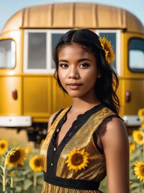 ((Portrait Photography)),cinematic photo professional raw photograph of nia-nacci Blouson Dress,A brightly painted bohemian caravan in a field of sunflowers,close up, dslr, 8k, 4k, ultrarealistic, realistic, natural skin, textured skin <lora:nia-nacci-xl:1> . 35mm photograph, film, bokeh, professional, 4k, highly detailed