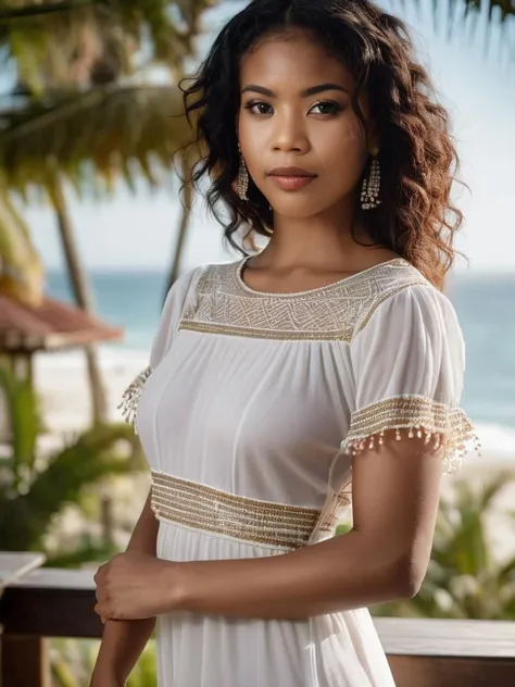 ((Portrait Photography)),cinematic photo professional raw photograph of nia-nacci Dress with a Beaded Trim,A cozy, rustic beachfront cottage with a view of a palm-fringed beach,close up, dslr, 8k, 4k, ultrarealistic, realistic, natural skin, textured skin <lora:nia-nacci-xl:1> . 35mm photograph, film, bokeh, professional, 4k, highly detailed