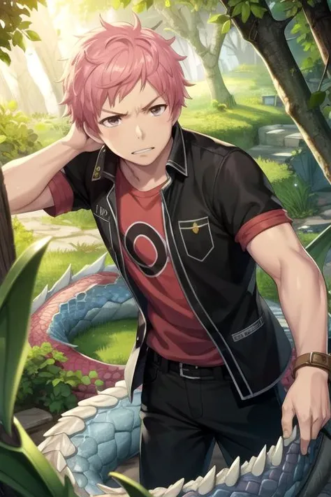 masterpiece, best quality, game cg, 1boy, solo, male focus, looking at viewer, , depth of field, <lora:renzou_shima:0.72>, renzou_shima, pink hair, brown eyes, , The Dragon's Lair: A deadly place where fearsome dragons dwell,