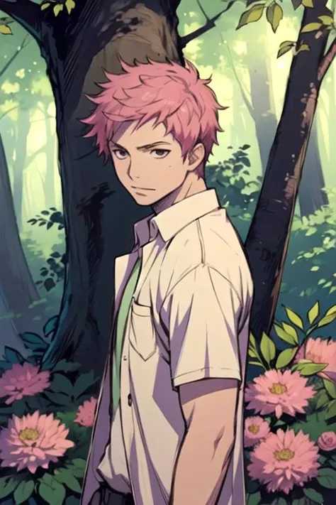 masterpiece, best quality, sketch, 1boy, solo, male focus, looking at viewer, , depth of field, <lora:renzou_shima:0.76>, renzou_shima, pink hair, brown eyes, easter costume, An enchanted forest where magical creatures and plants abound,
