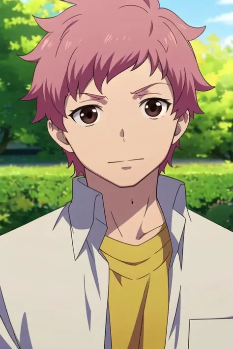 masterpiece, best quality, illustration, 1boy, solo, male focus, looking at viewer, upper body, depth of field, <lora:renzou_shima:0.74>, renzou_shima, pink hair, brown eyes