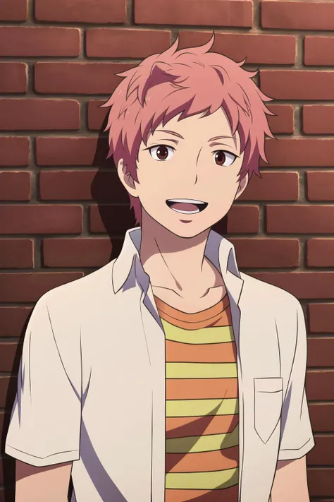 masterpiece, best quality, 1boy, renzou_shima, portrait, upper body, standing, looking at viewer, against wall, brick wall, pink hair, brown eyes, excited, smile, open mouth, layered clothes, white shirt, open shirt, (orange striped t-shirt),