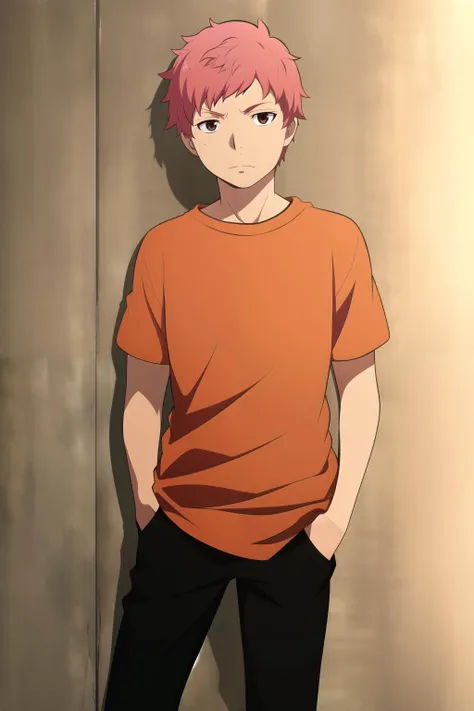 masterpiece, best quality, 1boy, renzou_shima, upper body, standing, looking at viewer, hands in pockets, against wall, brick wall, pink hair, brown eyes, expressionless, (orange t-shirt), black pants,