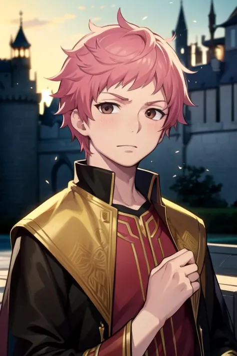 masterpiece, best quality, wallpaper, 1boy, solo, male focus, looking at viewer, upper body, depth of field, <lora:renzou_shima:0.70>, renzou_shima, pink hair, brown eyes, , The Castle of Shadows, High resolution